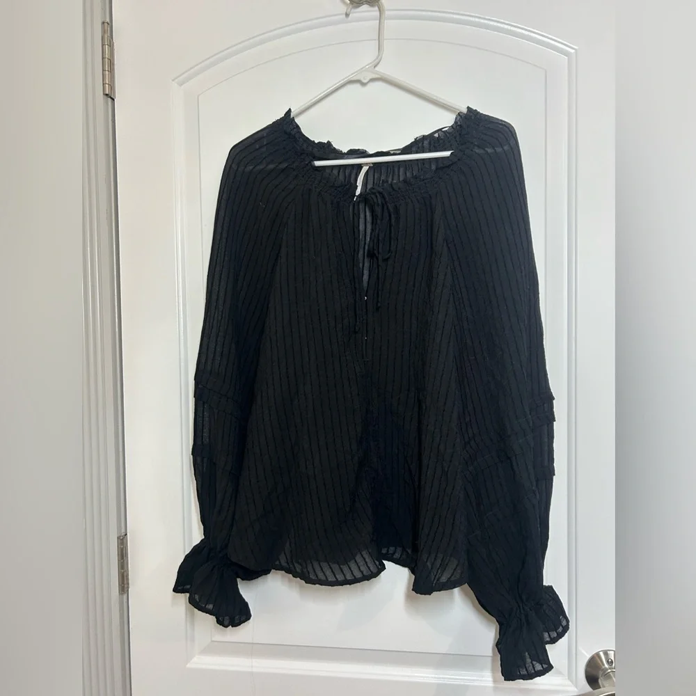 Free People Out Of Town Top Off the Shoulder Smocked Puff Sleeves Sheer Boho S